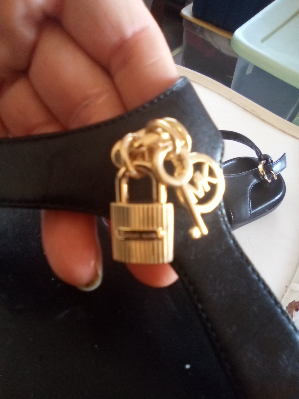 MICHAEL Michael Kors Black Leather T-Strap Sandals with Gold Padlock Charm